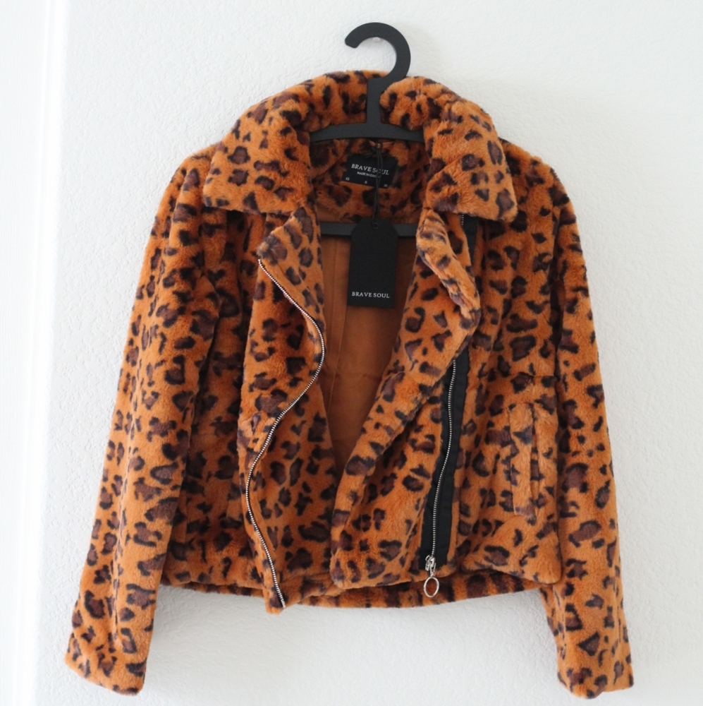 Brave Soul Carla Faux Fur Leopard Jacket- 4P- NWT - Picture 6 of 16
